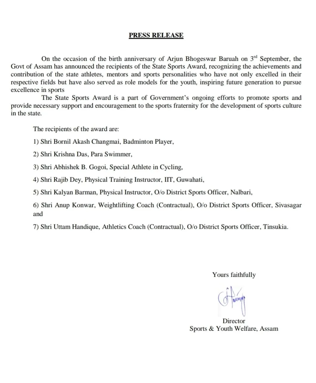 The Assam State Sports awards will be given out tomorrow  